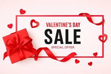 Valentine s day sale special offer with red gift box and hearts on white background