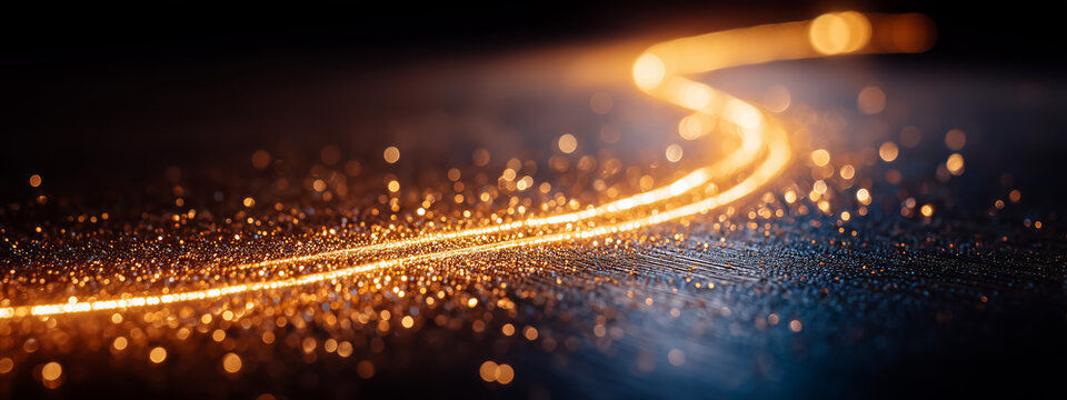 Glowing abstract light trails on a dark shimmering background