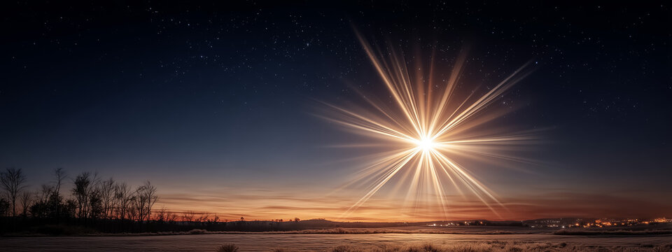 Stunning starburst shining over serene winter landscape at dusk