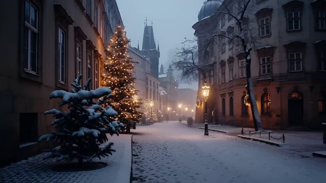 Prague, Czech Republic, Europe. A nighttime city street scene with a Christmas tree and snowcovered buildings. The style is cinematic, with a focus on the interplay of light and shadow.