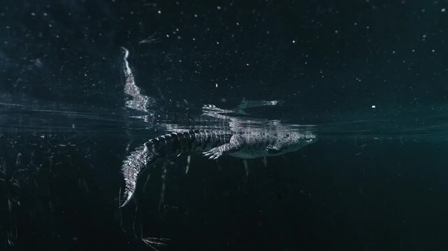 Underwater view of crocodile swimming in the pond