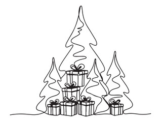 Minimalist One Line Drawing of Festive Fir Trees and Presents