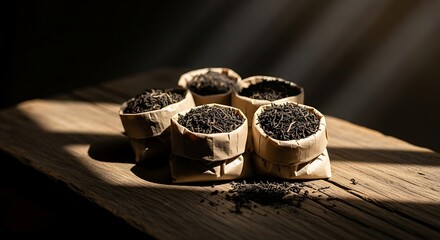 Assortment of loose black tea in paper bags on wooden table displaying rich color and texture for tea lovers