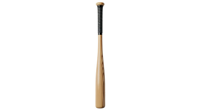 Wooden baseball bat with black grip, isolated on transparent background