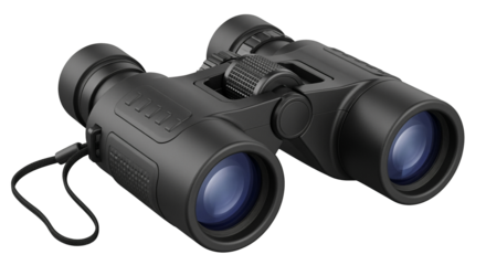 Modern black binoculars for outdoor activities, isolated on transparent background