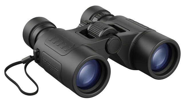 Modern black binoculars for outdoor activities, isolated on transparent background
