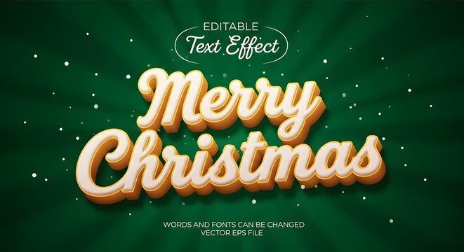 A festive merry christmas editable text effect featuring a golden 3d puffy font on a deep green background with sparkling snow and radial light