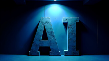 AI Artificial Intelligence Concept: Stone Texture Letters in Dramatic Blue Lighting, Futuristic Technology Theme, Innovation & Progress