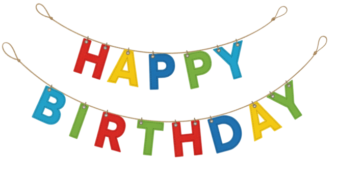Colorful happy birthday banner with string, isolated on transparent background