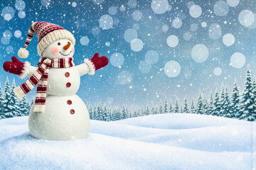 Obraz premium Joyful snowman in a winter wonderland with falling snow