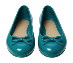 Shiny teal rubber ballet flats featuring a rounded toe and bow detail.