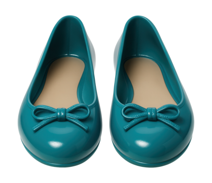 Shiny teal rubber ballet flats featuring a rounded toe and bow detail.