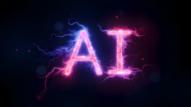 AI Artificial Intelligence Concept: Electric Blue & Red Lightning Forming Letters on Dark Background, Tech Innovation, Futuristic Design
