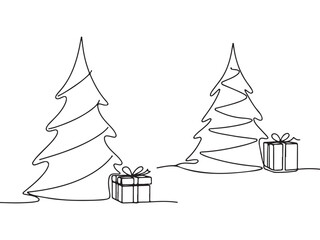 Minimalist Continuous Line Drawing of Holiday Trees and Presents