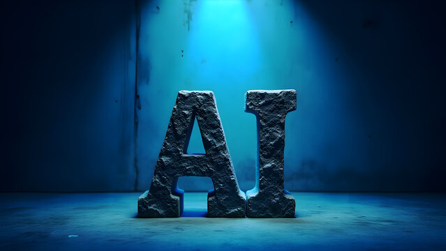 AI Stone Letters: Artificial Intelligence Concept Image, Blue Spotlight, Textured Background, Tech Innovation, Future Technology - Powered by Adobe