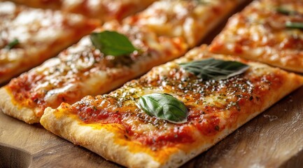 Close-up of rectangular pizza slices