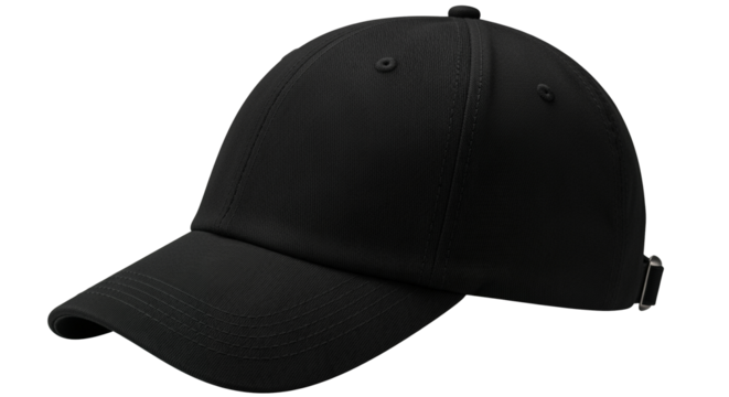 Classic black baseball cap with a curved brim, isolated on transparent background