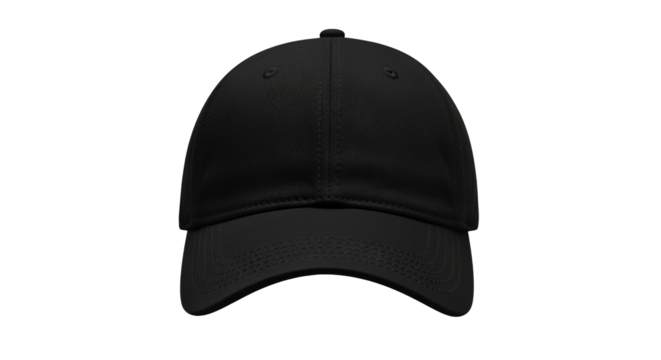 Simple black adjustable baseball cap isolated on transparent background