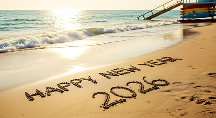 Happy new year 2026 message written in sand on a tranquil beach at sunset