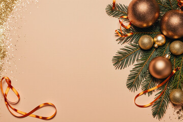 Elegant christmas ornaments and pine branches on a neutral background