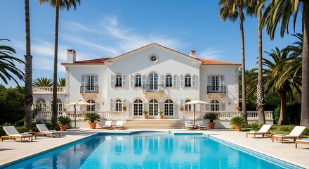 Luxurious Villa with Swimming Pool Surrounded by Palm Trees Under a Clear Blue Sky