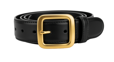 Black leather belt with a golden buckle, isolated on transparent background