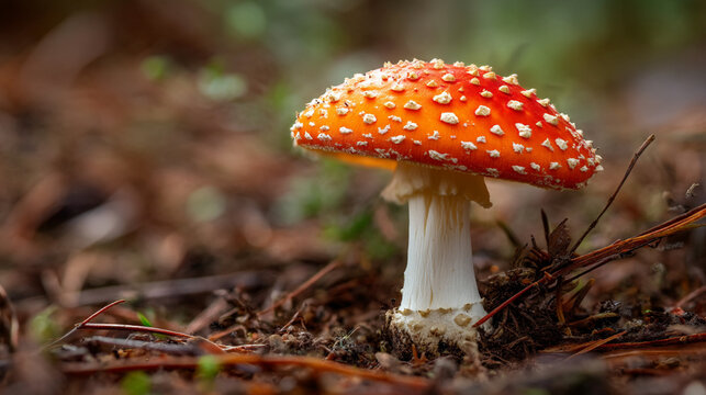 A close up shot of a fly agaric mushroom with a red cap and white spots in nature