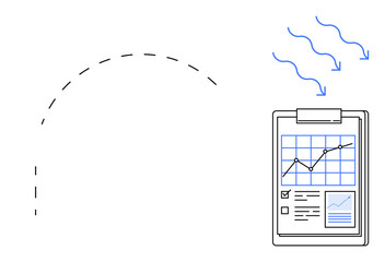 Line graph on clipboard with data chart, checklist, and arrows symbolizing analysis. Ideal for business analytics, information flow, productivity, trends, planning, growth measurement simple flat
