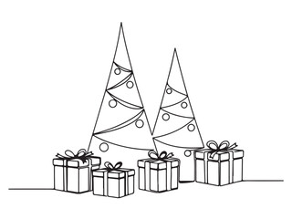 Minimalist continuous line art Christmas trees and gift boxes