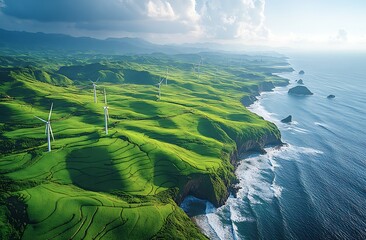 Wind turbines on green rolling hills by the ocean with waves crashing wind farm renewable energy