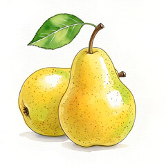 Realistic watercolor painting of two ripe yellow pears with a single green leaf and stem