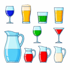 Various colorful drinks in different glasses and pitchers.