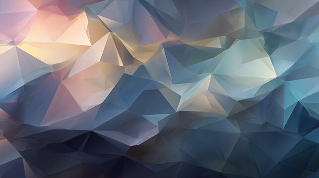 Abstract geometric polygonal mountain landscape in pastel colors. The image shows a complex pattern of geometric shapes arranged to resemble a mountain range, with a soft color palette