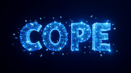 Futuristic "COPE" Text Art: 3D Blue Glowing Word Design on Black Background, Digital Typography, Modern Graphic Art, Tech-Inspired Visual