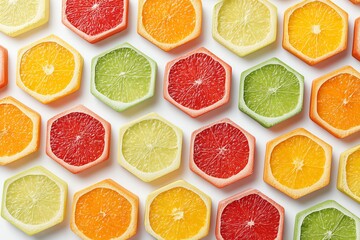 Flat lay of citrus slices forming a geometric honeycomb grid