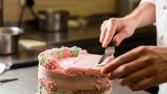 Baker Decorating a Cake with Frosting.
