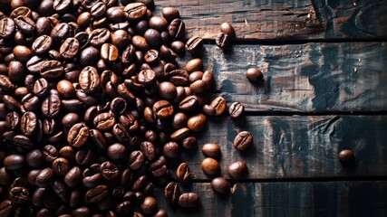 A closeup view of roasted coffee beans on a rustic wooden surface. The beans are a rich brown color, with a glossy sheen, and are arranged in a seemingly random yet orderly fashion. - Powered by Adobe