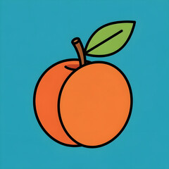 Simple cartoon illustration of a ripe orange peach with a green leaf and stem on a blue background