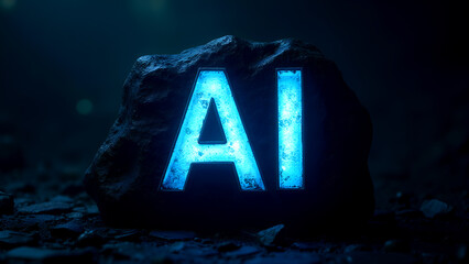 AI Glowing on Rock: Artificial Intelligence Concept, Futuristic Technology, Blue Light, Dark Background, AI Innovation Image