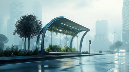 Eco-friendly bus stop shelter in a futuristic high-tech cityscape. Vegetation and sustainable materials for innovative use of public transport network.