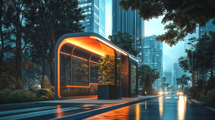 Eco-friendly bus stop shelter among futuristic tropical city buildings with lush greenery. Vegetation and sustainable materials for innovative use of public transport network.