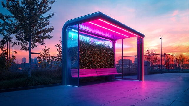 Eco-friendly neon glowing bus stop shelter among futuristic city buildings. Vegetation and sustainable materials for innovative use of public transport network.