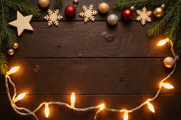 Festive christmas border with twinkling lights and ornaments on wood