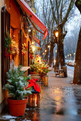 Obraz premium A street with a red awning and a Christmas tree in a pot