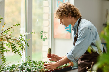 Young creative man tending to plants in a bright indoor garden space