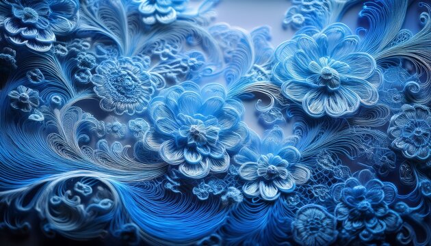 delicate blue lace featuring complex floral and spiral patterns softly illuminated to emphasize its fine texture and elegant ethereal appearance