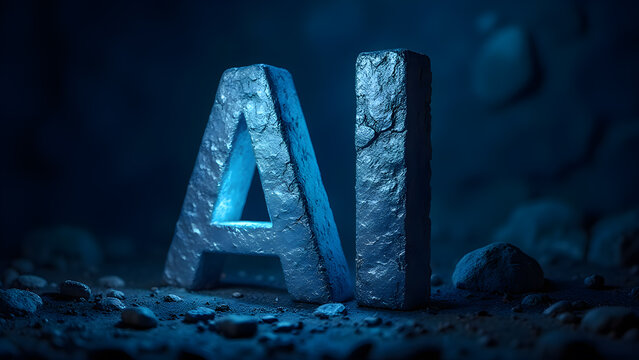 AI Artificial Intelligence Stone Block Letters in Dark Blue Futuristic Technology Concept Image