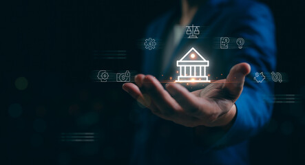 Business banking financial stock market concept. Businessman hand showing analyze financial data stock market. Business finance stock bar chart Hologram. Business success and growth