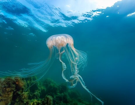 translucent jellyfish swimming in pristine water