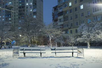 A city park during a heavy snowstorm at night.